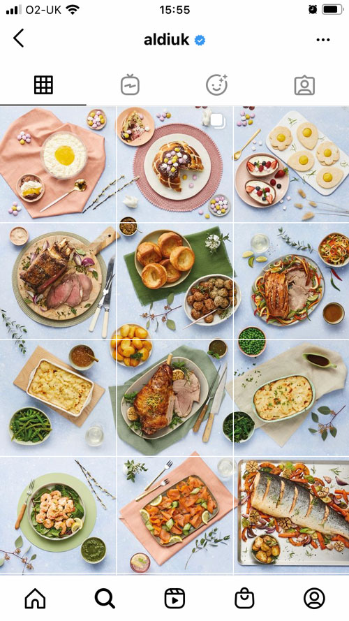 Aldi Instagram grid. Full description below, under summary field labelled 'Open description of image'