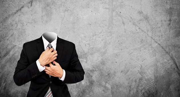 A headless ghost businessman adjusts his tie