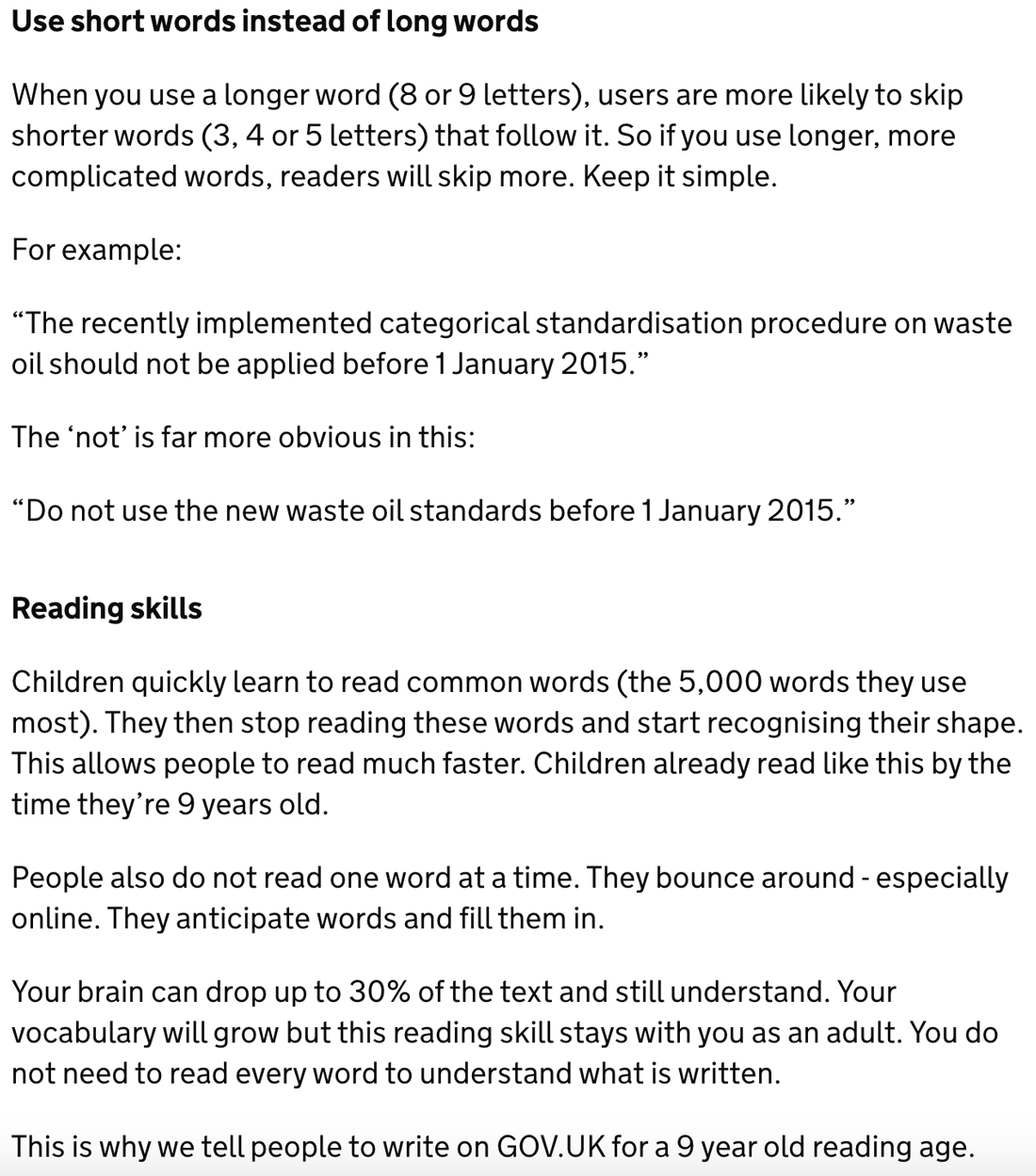 GOV.UK content-writing guide. Full transcript below under summary field labelled 'Open transcript of image’