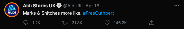 Aldi #FreeCuthbert tweets. Full description and transcript below under summary field labelled 'Open description and transcript of image'