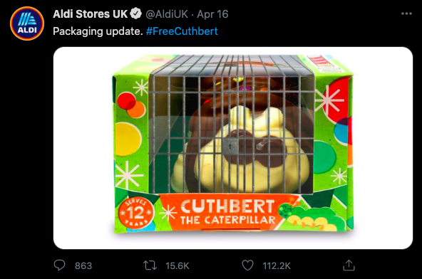 Aldi #FreeCuthbert image Tweets. Full description and transcript below under summary field labelled 'Open description and transcript of image'