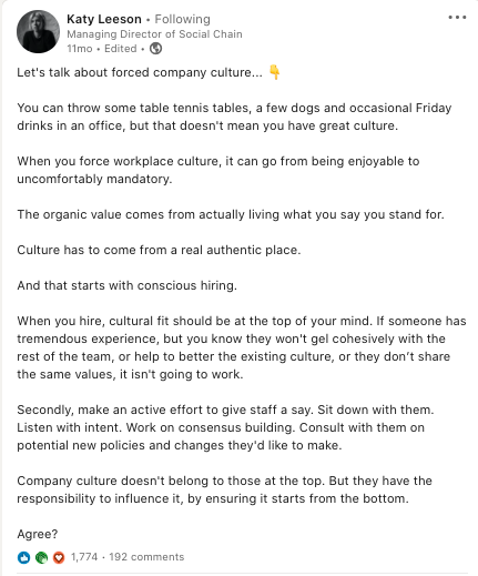 LinkedIn post from Katy Leeson – full description and transcript below under summary field labelled 'Open image description and transcript'